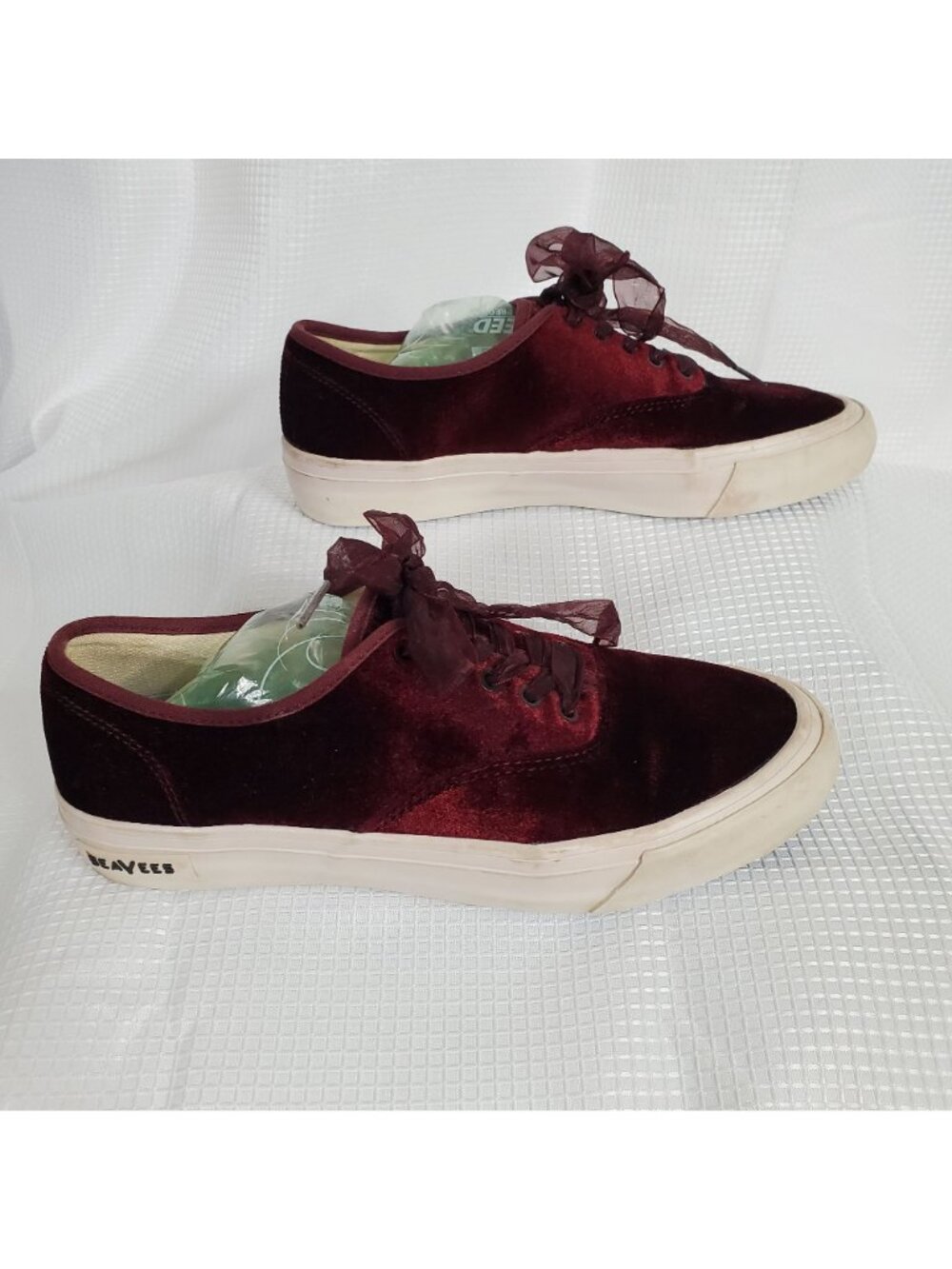 J.Crew SeaVees Womens Sz 8.5 Sneakers Legend Burgundy Velvet Sheer Ribbon Laces - Picture 2 of 9